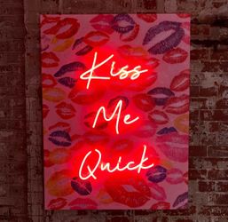 “KISS ME QUICK” Red LED Neon Canvas Wall Art | Hand-Finished Small