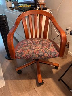 Wood Swivel Desk Chair with Floral Upholstery