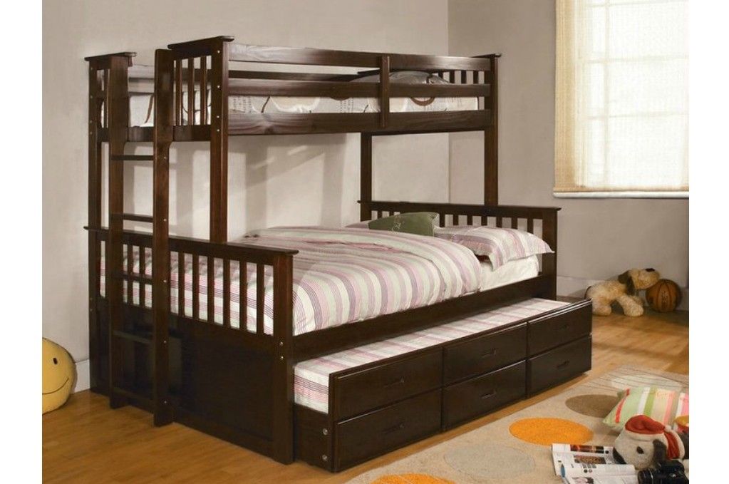 Brand New Espresso Twin Over Full Bunk Bed w Trundle Bed+ Drawers