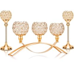 Gold Crystal Candle Holders Decorative Candelabra 3 Arms Candlesticks Holder Table Centerpiece Center Pieces Decoration for Dining Table Home Decor, W