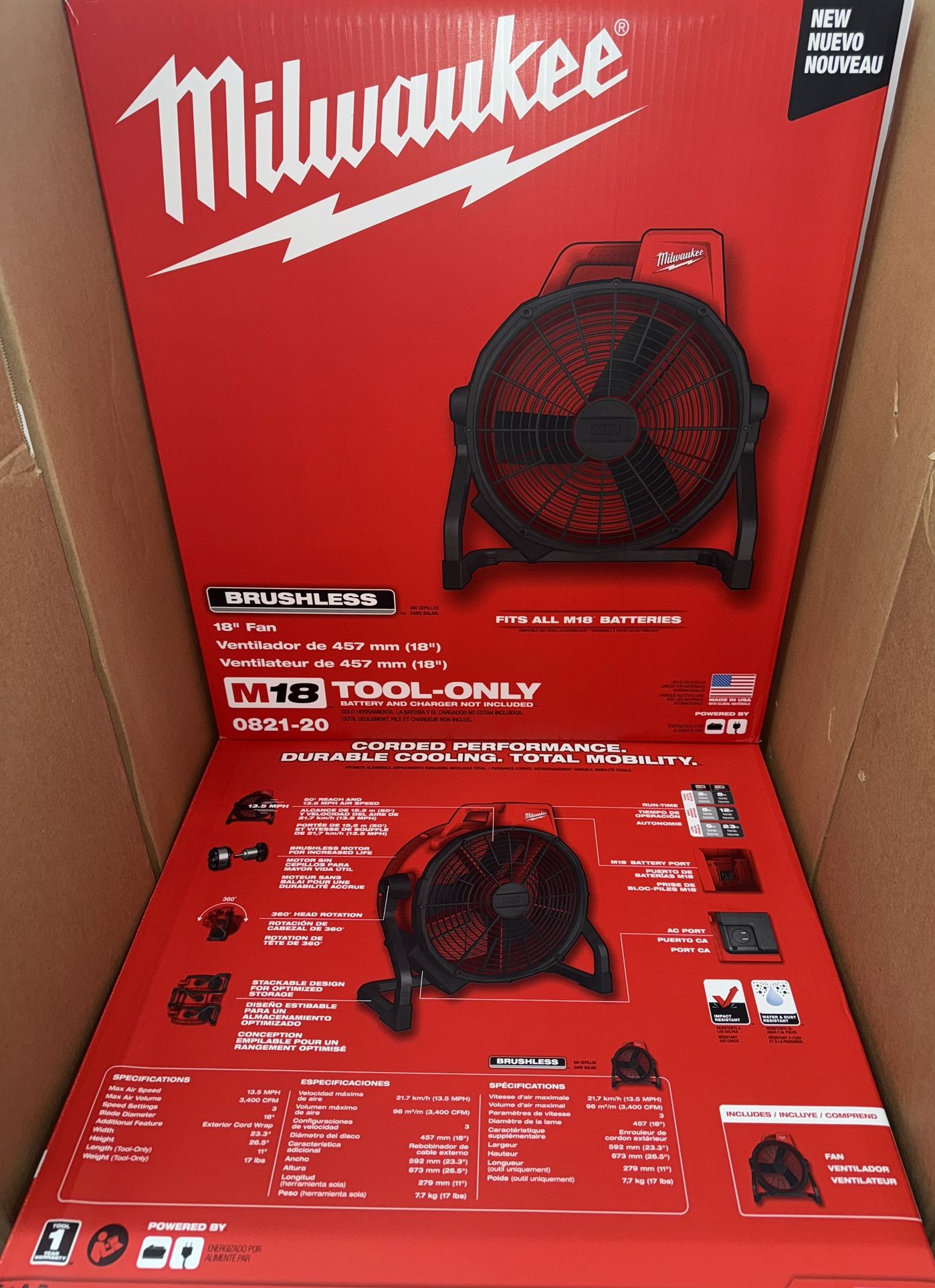 Milwaukee M18 Brushless 18in Fan. Tool Only. Model #0821-20