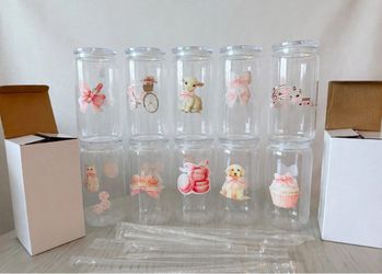 Clear glass Can Tumblers with Pink Designs Set of 10
