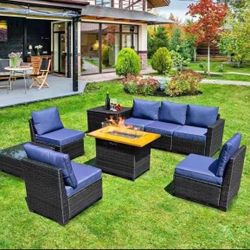 9pc Outdoor Sectional With Fire Pit Table Patio Furniture Set