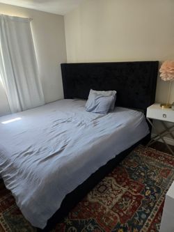 Cal King Black Velvet Upholstered Bed Frame with Headboard with Mattress