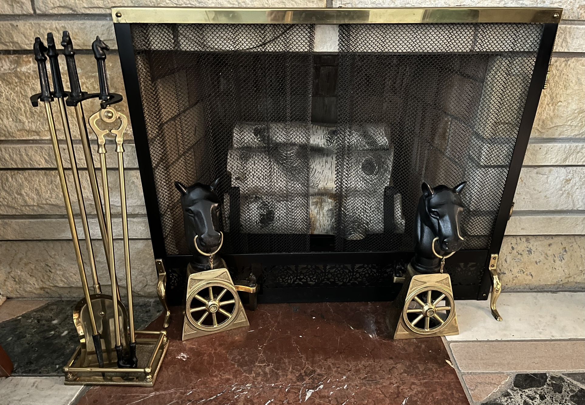 Antique Horse Head Fireplace Andirons And Accessories