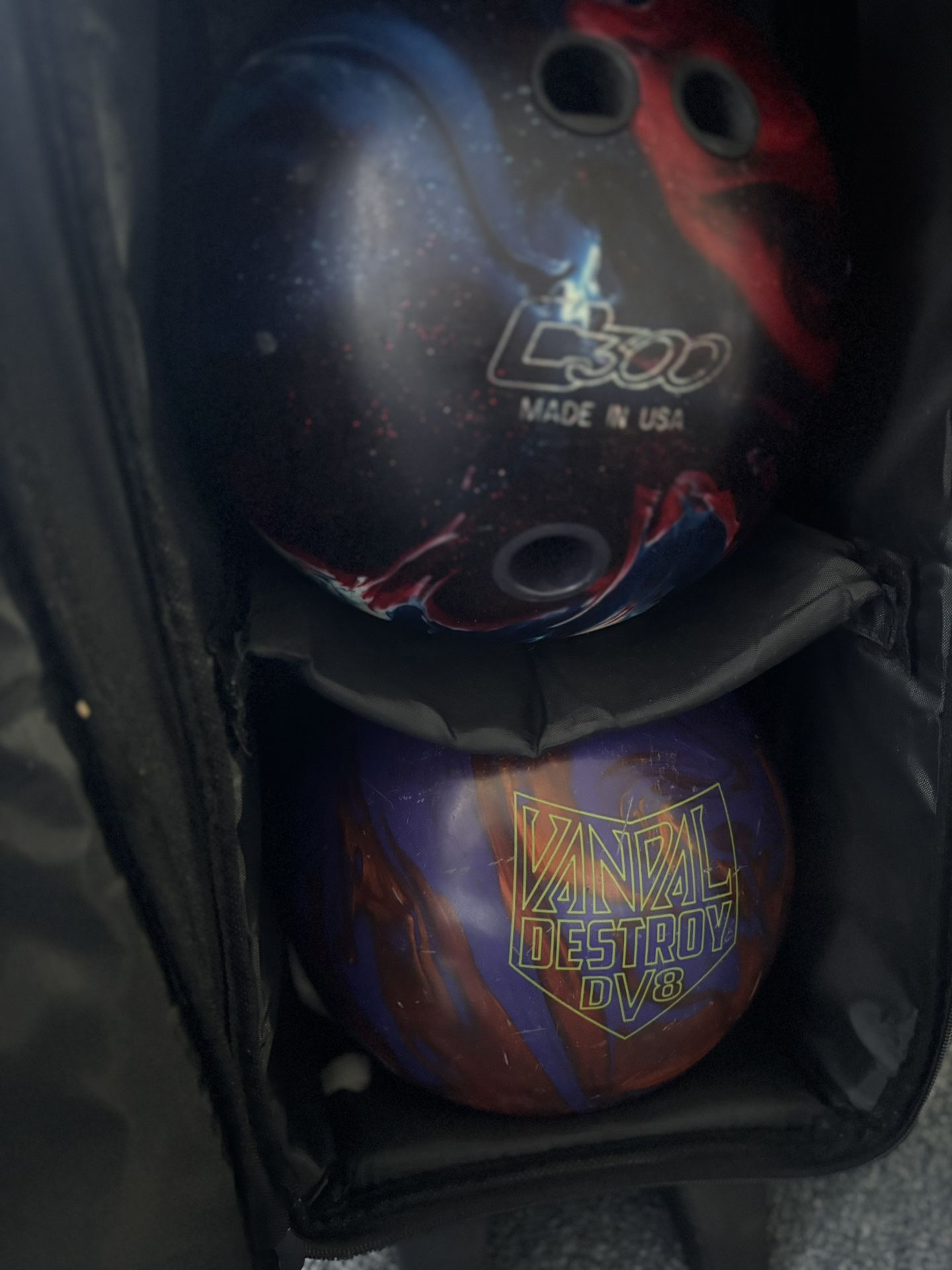 2 Bowling Balls + 2-Ball Tote Bag for Sale! (DV8 Vandal Destroy / Brunswick L300)