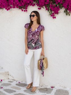 Calvin Klein Purple Paisley V-Neck Top Cap Sleeve M