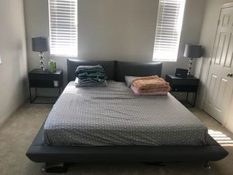 Dark Gray Faux Leather Platform Calking Bed Frame