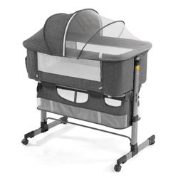 Newlake 3-in-1 Height Adjustable Baby Bassinet & Bedside Sleeper for Newborns, Grey