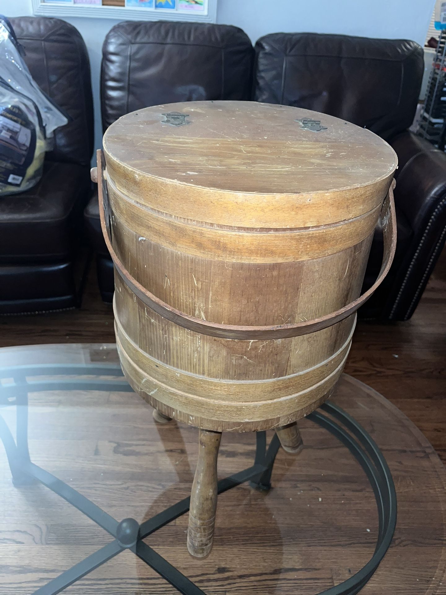 Sewing Basket Bucket Vintage Wood Firkin Stand 3 Legs Tripod Primitive holder