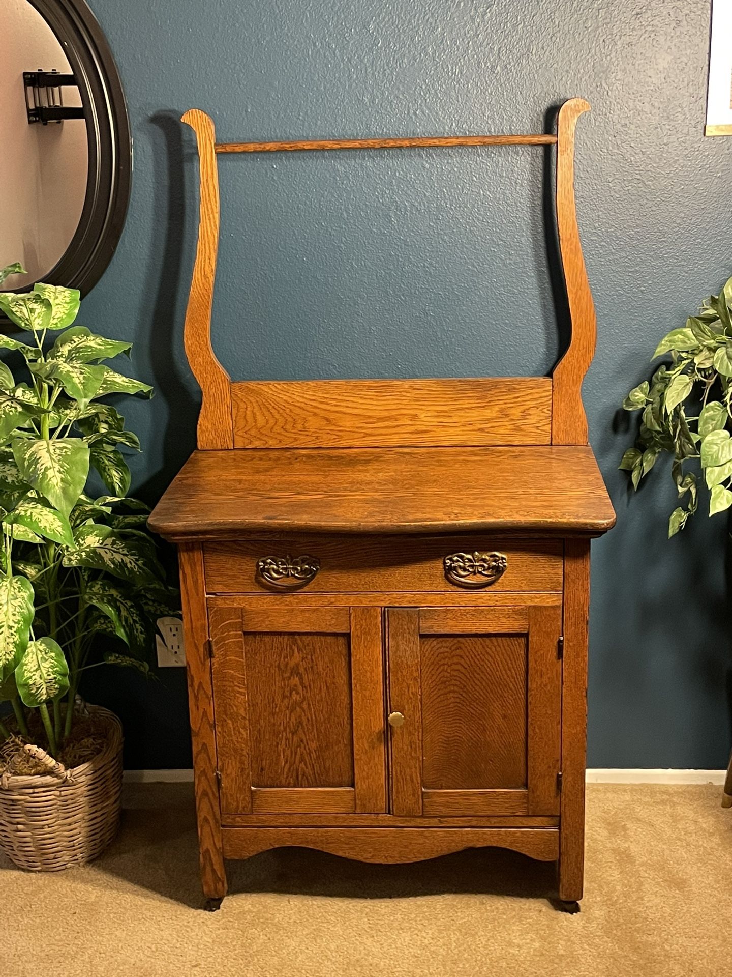 Antique Oak Washstand with towel rack & wooden casters