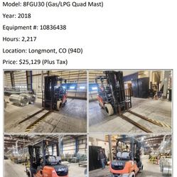 2018 Toyota 8FGU30 WHSE Forklift