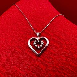 18K Solid White Gold Heart Pendant Necklace with Diamond Accents