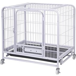 Heavy Duty Dog Crate Cage Strong White Metal Dog Kennel with Wheels and Tray for Indoor Small and Medium Dog, 30×21×28inch