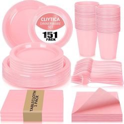 new 151 Pcs Pink Plastic Plates for Party,30 Guest Disposable Plastic Plates Set 9" Plates,7" Dessert Plate,Napkins,Cups,Forks & Tablecloth for Birthd