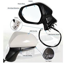 Left Driver side Mirror Fits 2018-2024 Toyota Camry with Power Glass, Heated, Turn Signal, Blind Spot Detection and Manual Folding Match to White Repl