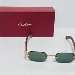Cartier CT0362S Rimless Wood Frame Sunglasses Première Collection w/ Green Lens