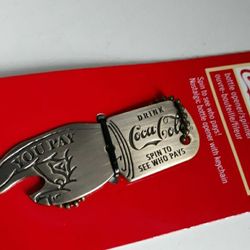 COCA COLA KEYCHAIN BOTTLE OPENER Spinner, "SEE WHO PAYS"