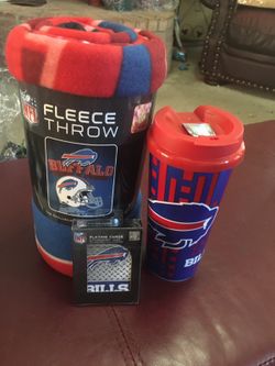 Buffalo Bills fleece blanket cup and playing cards