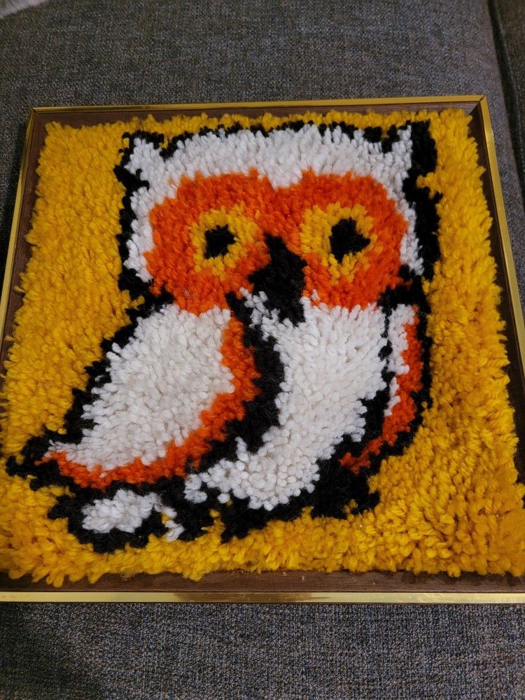 Vintage 1970's Owl Latch Hook Wall Art 14"
