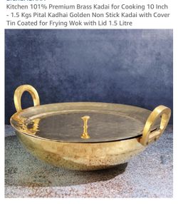 Kitchen 101% Premium Brass Kadai for Cooking 10 Inch - 1.5 Kgs Pital Kadhai Golden Non Stick Kadai with Cover Tin Coated for Frying Wok with Lid 1.5 L