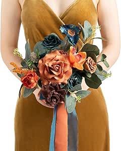 Bridal Bouquet, Orange and Teal, Artificial, 7 IN, Wedding Flowers