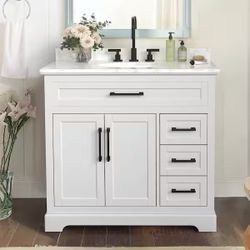 36 in. W x 21.5 in. D x 35 in. H Single Sink Freestanding Bath Vanity in White with White Carrara Marble Top