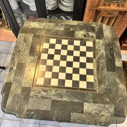 Dark Brown Wood Jade Marble Chess Table