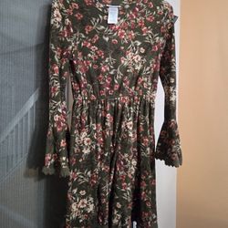 Bonnie Jean Girls Olive Floral Ribbed Dress - Size 16