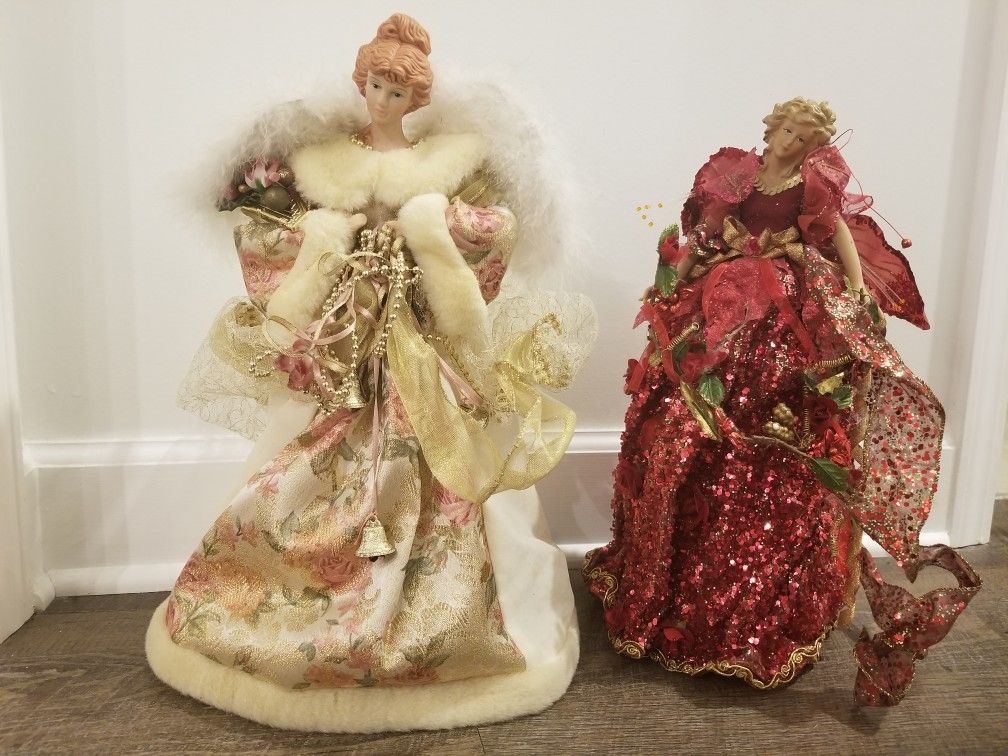 VTG Porcelain Doll Tree Topper Victorian Dress Plastic Cone Base Bottom Lot of 2