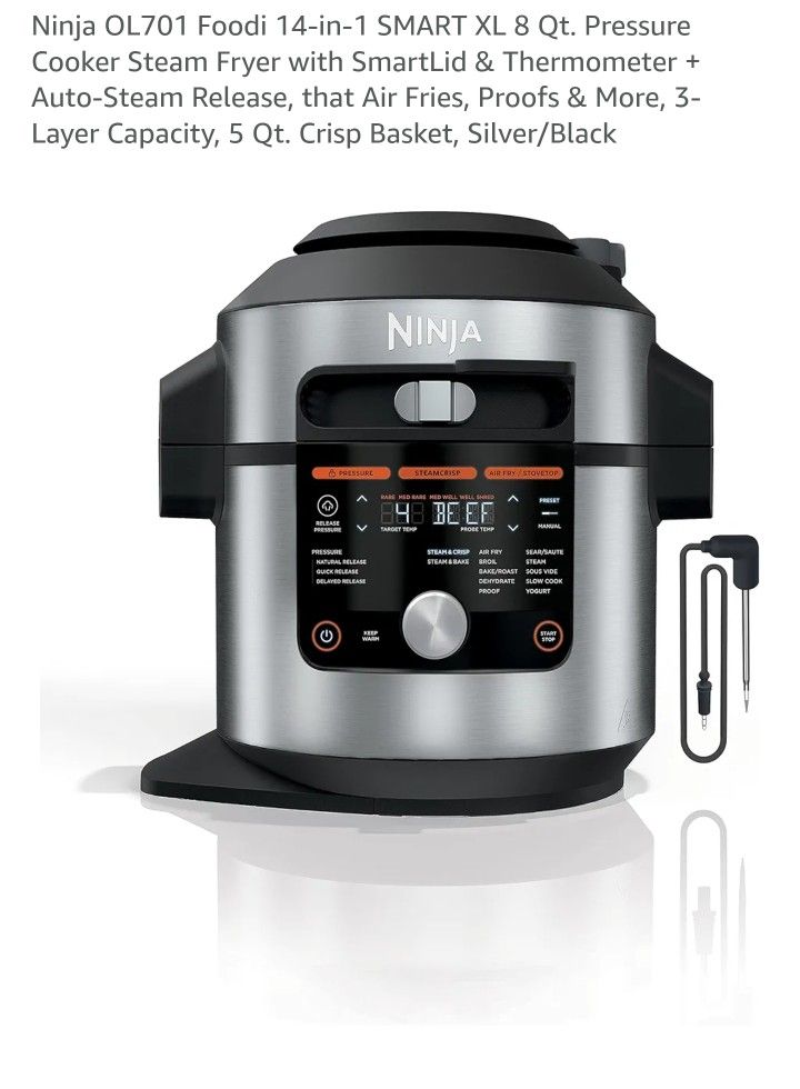 Ninja OL701 Foodi 14-in-1 SMART XL 8 Qt. Pressure Cooker Steam Fryer with SmartLid & Thermometer + Auto-Steam Release, that Air Fries, Proofs & More