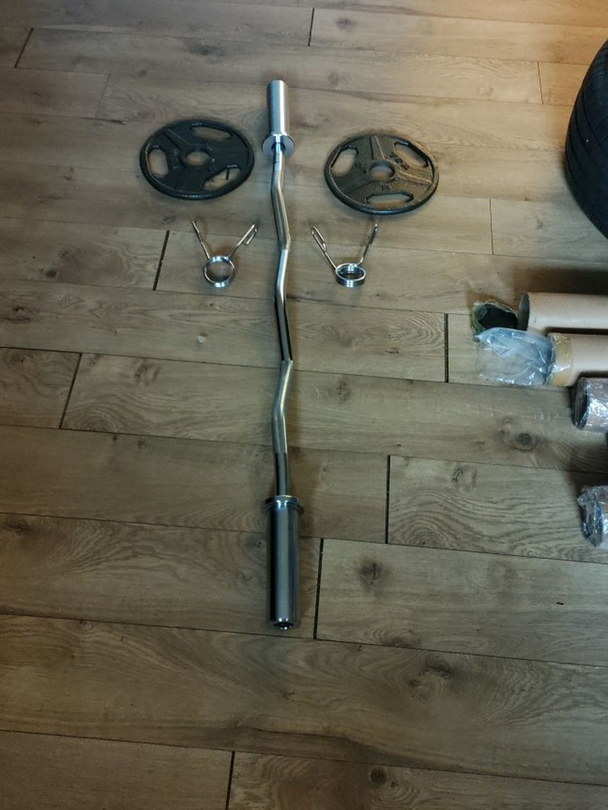 Body Solid Curlbar With Pair Of 5lbs Tsa Olympic Weight Plates
