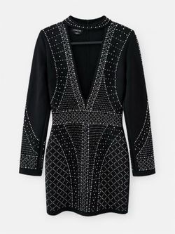 Black bebe rhinestone long-sleeve mini dress, deep V - size XS