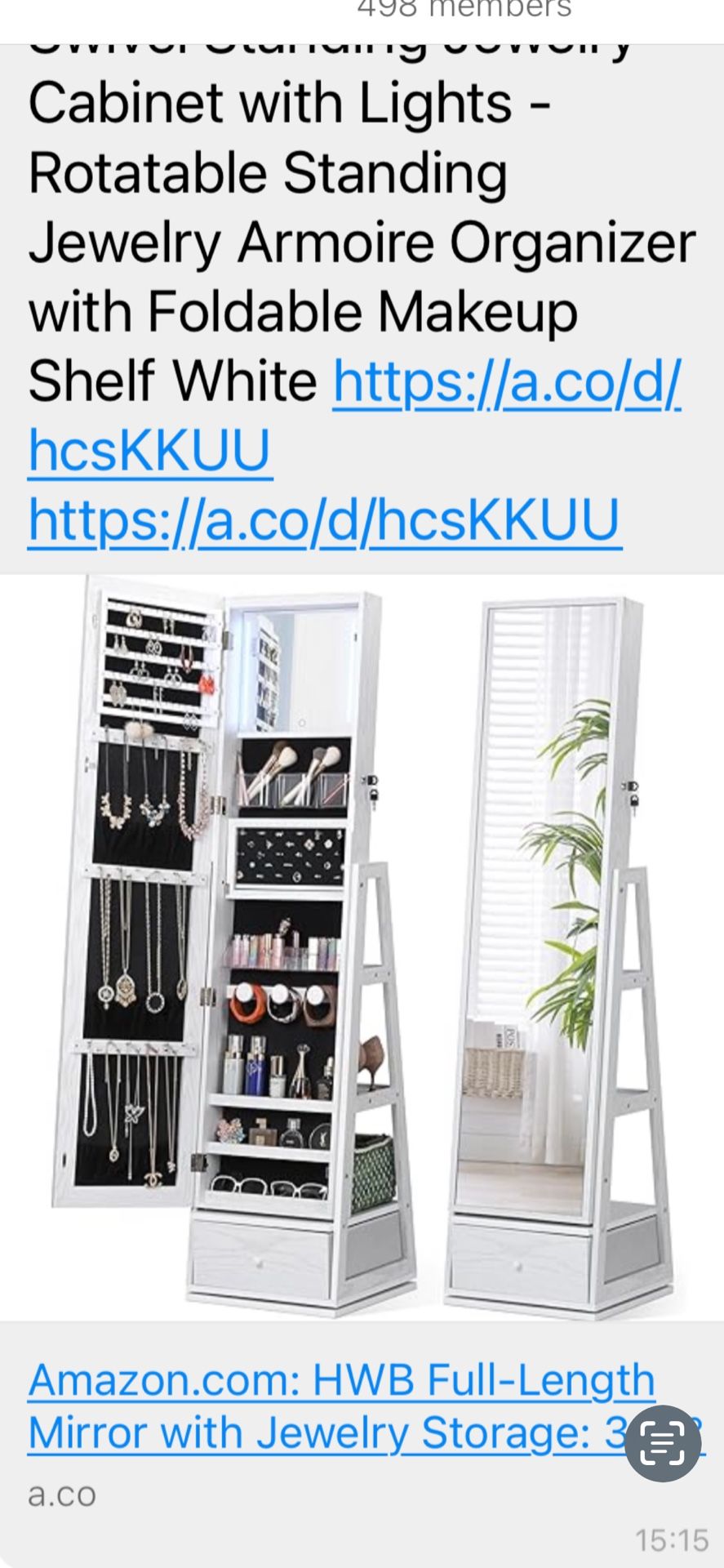 Jewelry Armoire Organizer with Foldable Makeup Shelf White