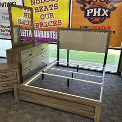 New Brown Wood Upholstered Queen Bedroom Set 