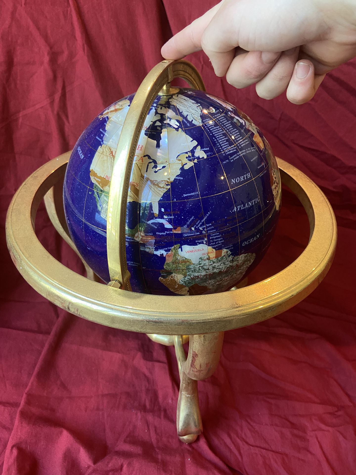 Gemstone Globe With Tripod Gold Stand 13 Inch