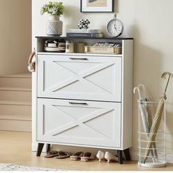 Shoe Storage Cabinet with 2 Flip Drawers, Farmhouse Shoes Organizer for Entryway, Narrow Hidden Shoe Rack with Wooden Legs & Open Storage, Free Standi