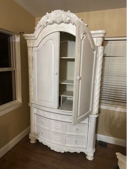 White Armoire Ornate and Beautiful w/ Shelves