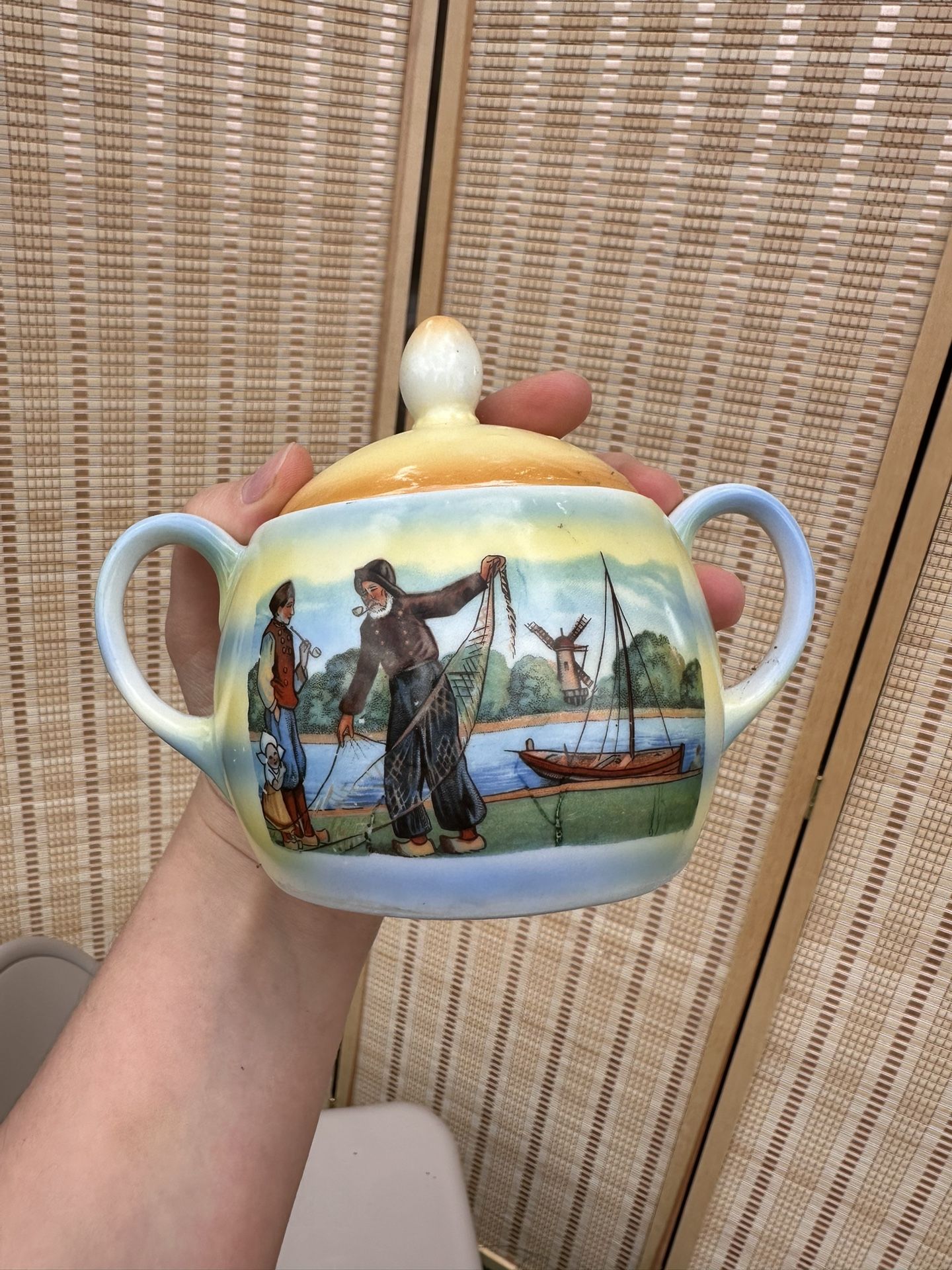 Vintage Eleanor Bavaria Porcelain Sugar Bowl – Hand Painted Dutch Scene