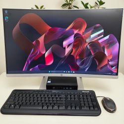 HP mini i5 Quad-Core Full HD PC Desktop / Windows 11 Pro / WiFi / Bluetooth / USB C / 27” Curved monitor / Keyboard & mice