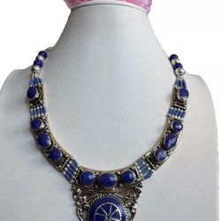 Stunning handcrafted  tribal style pendant necklace with Lapis stone set in Silver 18”inch