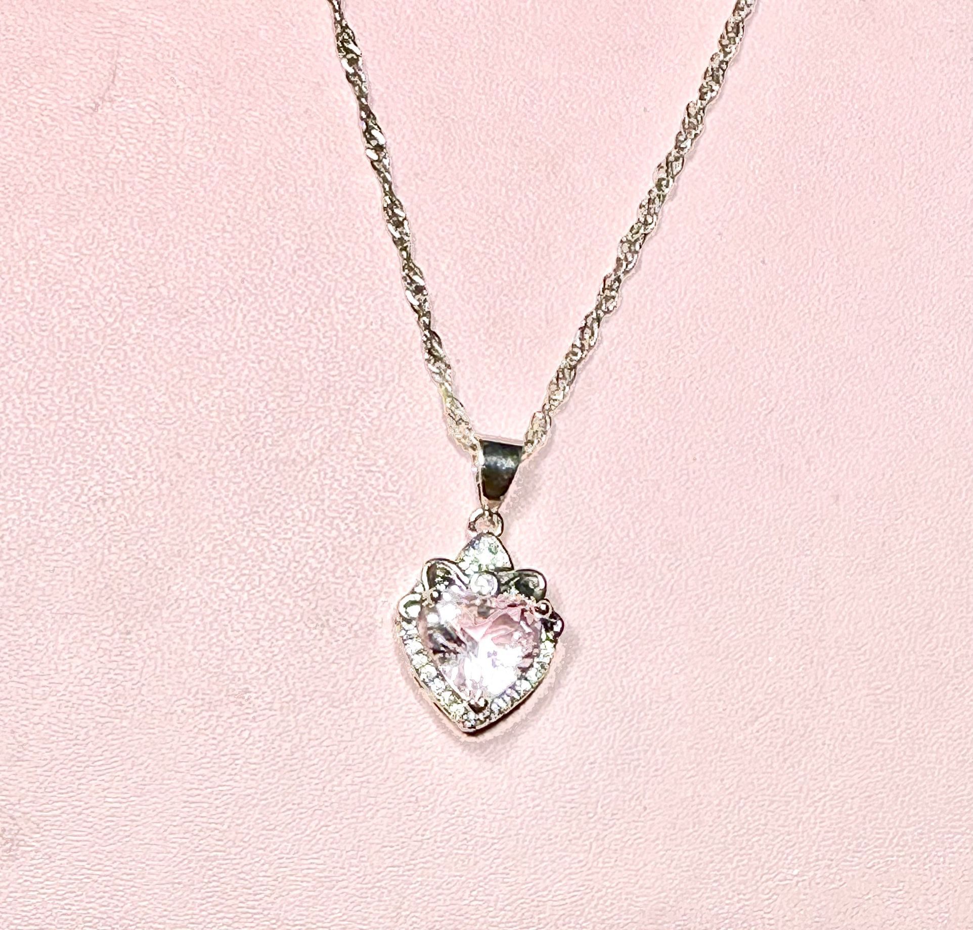 Romanic Pink SapphireHeart Pendant Surrounded By White Sapphires Set In 925 Sterling Silver Breathtaking Brand New Heart Shaped Pendant Necklace
