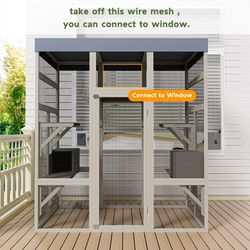 62.6" Gray Wooden Catio Outdoor Pet Enclosure with Waterproof Top, Spacious and Secure Cat House & Small Animal Cage, Black Rust-proof Metal Wire