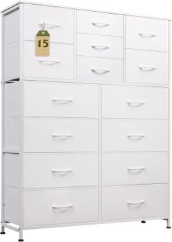 WLIVE Tall White Dresser for Bedroom Furniture, Fabric Dressers Storage Tower with 15 Deep Drawers, Dresser for Closet, Hallway, Entryway, Office, Sto