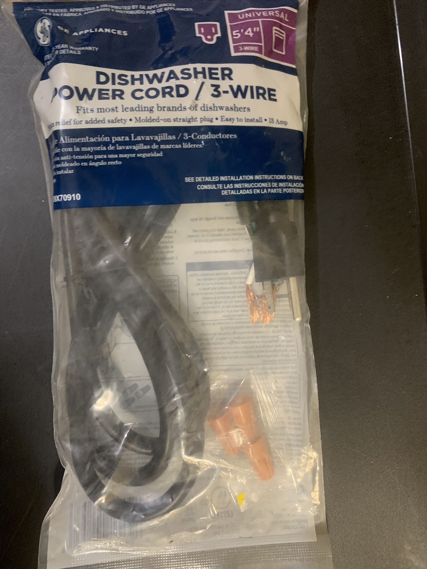 GE Universal 3-Wire Dishwasher Power Cord 5.4ft WX09X70910