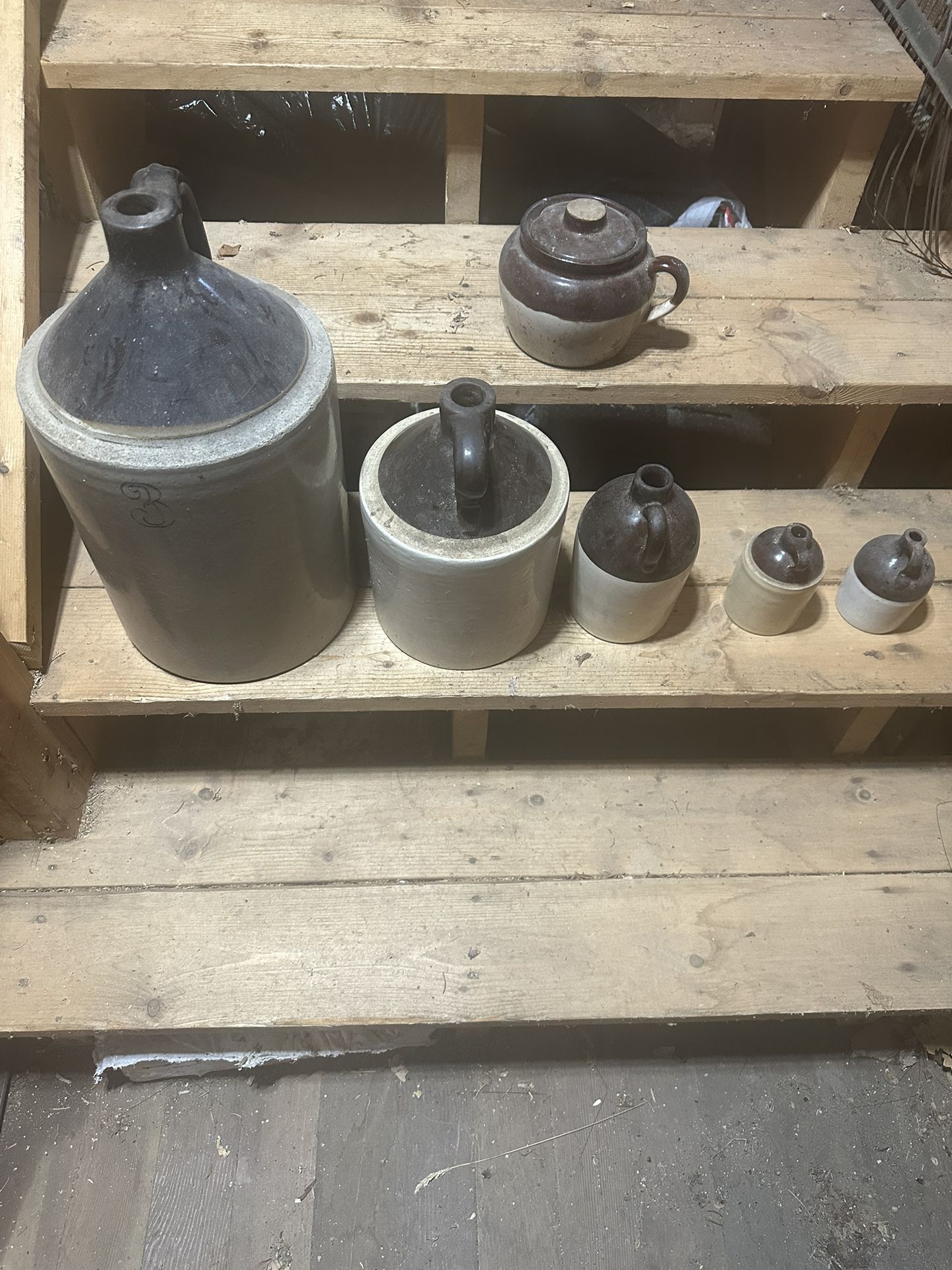 Various Antique, Two Tone, Stoneware Jugs, And Bean Pot