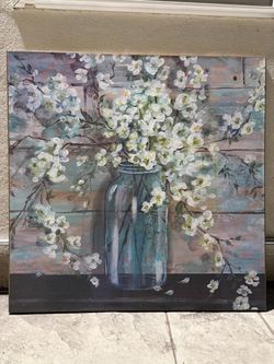 3-Piece Floral Canvas Wall Art Set - White Blossoms in Mason Jar, Rustic Farmhouse Triptych Decor
