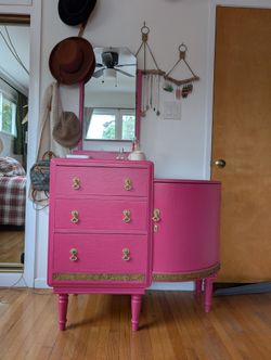 Oak Dresser Vanity With Mirror, Gorgeous Pink , Restored 
