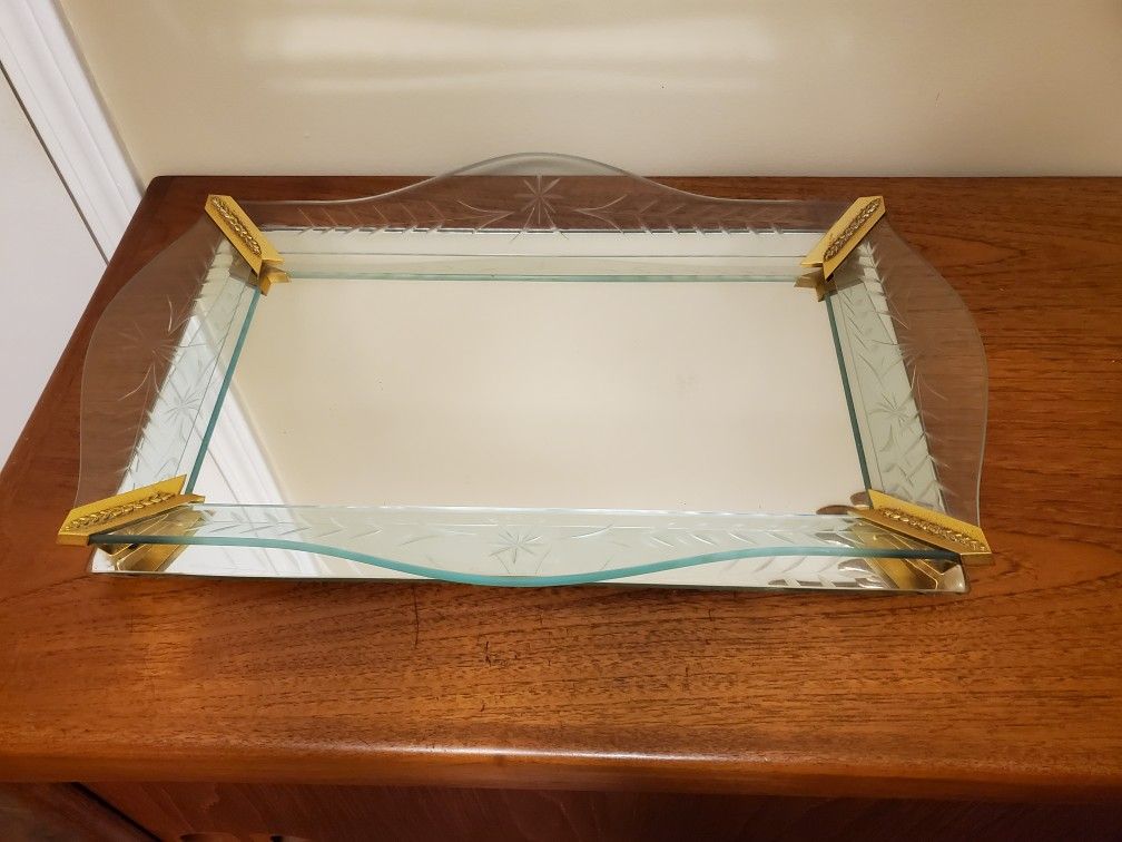 Vintage 1930s-1940s Art Deco Mirrored and Etched Glass  Vanity Tray