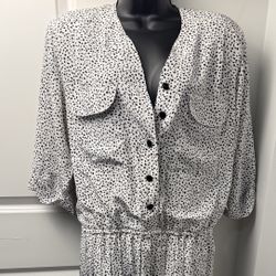 Liz Roberts Vintage Dress Black White Polka Dot Pleated Midi 80s Korea L